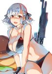  1girl asymmetrical_bangs bangs banned_artist bikini black_bikini blush breasts cleavage collarbone girls_frontline highres large_breasts lolicept looking_at_viewer navel open_mouth short_hair silver_hair simple_background smile solo spas-12_(girls_frontline) swimsuit thighs 