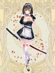  1girl black_dress black_hair breasts brown_eyes cleavage dairoku_youhei dress frills hairband hand_on_own_chest katana large_breasts looking_at_viewer maid nyan5000 official_art petals red_ribbon ribbon sheath sheathed short_sleeves solo sword thighhighs weapon white_hairband white_legwear 