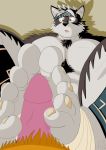  2019 5_toes anthro barefoot biped canid canine canis digital_media_(artwork) feet feet_on_cock foot_fetish foot_focus footjob fur hi_res horkeukamui humanoid_feet lu123 male mammal muscular nude open_mouth penis sex simple_background soles solo toes tokyo_afterschool_summoners video_games wolf 