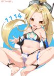  1girl :d ass azur_lane bare_shoulders barefoot bikini blonde_hair breasts cavalla_(azur_lane) elbow_gloves forehead gloves goggles goggles_on_head hikimayu long_hair looking_at_viewer navel open_mouth orange_eyes sitting small_breasts smile snorkel solo spread_legs swimsuit torimaru very_long_hair 