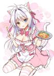  1girl :d aina_rive animal_ear_fluff animal_ears antenna_hair apron bangs bell blue_eyes blush bow breasts cat_ears cat_girl cat_tail cleavage collar commentary_request detached_collar dress eyebrows_visible_through_hair floral_background food frilled_apron frilled_dress frills full_body hair_between_eyes hair_intakes heart heterochromia holding holding_plate jingle_bell long_hair maid_headdress mauve medium_breasts omurice open_mouth original pink_bow pink_dress plate puffy_short_sleeves puffy_sleeves short_sleeves silver_hair sitting smile solo striped striped_legwear tail thighhighs very_long_hair wariza white_apron white_collar wing_collar wrist_cuffs yellow_eyes 