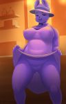  anthro aoino_broome bedroom_eyes belly bodily_fluids breasts chubby_female clothing clothing_lift drooling female fur genital_fluids half-closed_eyes hat headgear headwear hi_res lagomorph leporid looking_at_viewer mammal nightgown nipples no_underwear open_mouth presenting presenting_pussy purple_body purple_fur pussy pussy_juice rabbit rabbit_shopkeeper saliva seductive signature slightly_chubby solo sunhat translucent translucent_clothing undertale video_games 