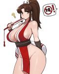  ! 1girl ? arm_behind_back bangs bare_shoulders breasts brown_eyes brown_hair closed_mouth collarbone cowboy_shot donburikazoku eyebrows_visible_through_hair fan fatal_fury groin hand_up high_ponytail highres holding holding_fan japanese_clothes long_hair looking_to_the_side no_bra no_panties obi parted_bangs pelvic_curtain revealing_clothes sash shiny shiny_hair shiny_skin shiranui_mai sidelocks simple_background smash_is_for_good_boys_and_girls solo spoken_exclamation_mark standing the_king_of_fighters thick_thighs thighs white_background wide_hips 