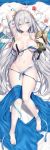  1girl anastasia_(fate/grand_order) arm_up armpits bangs barefoot bikini blue_bikini blue_cloak blue_eyes blue_ribbon blush breasts cloak closed_mouth collarbone crossed_bangs crown doll fate/grand_order fate_(series) full_body fur-trimmed_jacket fur_trim hairband highres holding holding_doll jacket large_breasts legs long_hair looking_at_viewer lying mini_crown navel on_back ribbon rin_yuu royal_robe silver_hair solo swimsuit undressing untied untied_bikini very_long_hair viy 