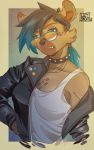  2018 anthro ashra_(lazysnout) black_nose blue_eyes blue_hair breasts brown_body brown_fur cheek_tuft choker cleavage clothed clothing eyebrows eyewear facial_tuft female fur hair hi_res hyaenid inner_ear_fluff jacket jewelry lazysnout leather leather_jacket mammal multicolored_hair necklace piercing pins sharp_teeth shirt snaggle_tooth snarling solo spots spotted_hyena sunglasses tank_top teeth topwear tuft 