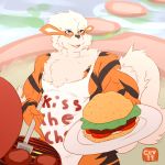  1:1 2019 anthro apron arcanine belly burger canid canine cev clothed clothing digital_media_(artwork) fingers food fur grey_eyes holding_object looking_at_viewer male mammal muscular muscular_male nintendo open_mouth orange_body orange_fur overweight overweight_male pok&eacute;mon pok&eacute;mon_(species) smile solo tan_body tan_fur video_games 