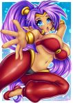  2019 5_fingers big_breasts blue_eyes breasts clothed clothing ear_piercing ear_ring female fingers footwear genie hair humanoid humanoid_pointy_ears long_hair looking_at_viewer navel not_furry open_mouth piercing ponytail purple_hair sevie shantae shantae_(series) shoes solo video_games wayforward 