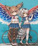  2girls alternate_costume bicycle bird_girl bird_tail bird_wings black_hair black_legwear blonde_hair blue_skirt bow brown_eyes brown_hair commentary_request eurasian_eagle_owl_(kemono_friends) extra_ears eyebrows_visible_through_hair full_body graffiti grey_hair ground_vehicle hair_between_eyes head_wings highres kemono_friends kolshica midriff_peek multicolored_hair multiple_girls navel neckerchief northern_white-faced_owl_(kemono_friends) owl_ears pink_bow pleated_skirt red_neckwear sailor_collar school_uniform serafuku shirt shoe_bow shoes short_hair short_sleeves skirt t-shirt thighhighs white_footwear white_hair white_legwear wings yellow_eyes zettai_ryouiki 