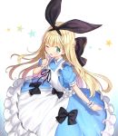  1girl bangs black_bow blonde_hair blue_dress blunt_bangs blush bow dress eyebrows_visible_through_hair green_eyes hair_bow hair_ribbon long_hair looking_at_viewer matanonki mononobe_alice nijisanji one_eye_closed open_mouth puffy_short_sleeves puffy_sleeves ribbon short_sleeves simple_background solo very_long_hair virtual_youtuber white_background 