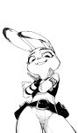  anthro belt black_and_white clothed clothing dipstick_ears disney fully_clothed hi_res judy_hopps lagomorph leporid looking_at_viewer looking_down low-angle_view lsw249 mammal monochrome multicolored_ears police_uniform rabbit simple_background smile solo uniform white_background worm&#039;s-eye_view zootopia 