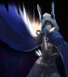  1girl absurdres armor blue_cape blue_eyes bracelet braid breasts cape cleavage closed_mouth feathers galaxy gloves glowing glowing_eyes grey_gloves highres holding holding_feather hood hood_up jewelry league_of_legends long_hair love_finn pauldrons pink_lips smile solo star sun vambraces xayah 