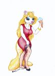  2019 amber_wind animaniacs anthro blonde_hair breasts clothed clothing clothing_lift dessert dress dress_lift eyeshadow female food fur hair hi_res ice_cream jewelry legwear long_tail makeup mammal minerva_mink mink mustelid musteline pink_nose seductive simple_background solo stockings traditional_media_(artwork) warner_brothers white_background white_body white_fur 