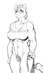  2019 anthro big_breasts biped black_nose bottomless breasts canid canine canis clothed clothing dildo english_text female fur hair hairy_pussy hi_res mammal muscular muscular_female pubes rtr scar sex_toy shirt simple_background smile snout solo strapon tank_top text thick_thighs topwear vein wolf 
