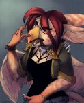  anthro avian beak bracelet breasts claws clothed clothing eye_through_hair female hair hair_over_eye hippogryph jewelry mabyn necklace open_mouth red_hair solo translucent translucent_hair wings 