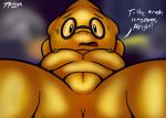 alphys anthro beady_eyes bodily_fluids breasts butt dialogue eyewear female freckles glasses hands_behind_head looking_at_viewer lying nervous non-mammal_breasts nude on_back open_mouth pussy reptile scalie solo sweat tepigfan101 undertale video_games 