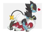  &lt;3 ambiguous_gender bodily_fluids claws diaper duo embarrassed feral hi_res luxray lycanroc nintendo nyanyakotarou patting pok&eacute;mon pok&eacute;mon_(species) sitting smile tears teeth video_games 