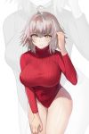  1girl ahoge bangs breasts eto_(nistavilo2) fate/grand_order fate_(series) highleg highleg_leotard impossible_clothes impossible_leotard impossible_sweater jeanne_d&#039;arc_(alter)_(fate) jeanne_d&#039;arc_(fate)_(all) large_breasts leotard long_sleeves meme_attire red_leotard red_sweater revision ribbed_leotard short_hair silver_hair solo striped_leotard sweater turtleneck turtleneck_leotard turtleneck_sweater yellow_eyes zoom_layer 