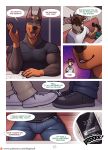  2019 anthro blush bulge canid canine canis cervid clothed clothing comic dobermann domestic_dog english_text erection erection_under_clothing eyes_closed eyewear flirting food footsie furry-specific_brand gesture grin hi_res male mammal muscular muscular_male open_mouth penis_outline phone pinscher sigma_x sigma_x_(character) smile speech_bubble sunglasses surprise teeth text tight_clothing toby_the_dobie tongue 