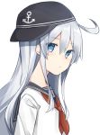  1girl anchor_symbol black_headwear black_sailor_collar blue_eyes flat_cap hat hibiki_(kantai_collection) highres kantai_collection katsuobushi_(eba_games) long_hair looking_at_viewer neckerchief red_neckwear sailor_collar school_uniform serafuku silver_hair simple_background solo white_background 