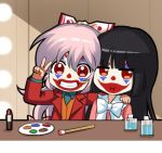  2girls :i bangs black_hair blazer blunt_bangs bow bowtie chibi chinese_commentary clown commentary_request facepaint fujiwara_no_mokou grin hair_between_eyes hair_bow hand_on_another&#039;s_shoulder hand_up houraisan_kaguya indoors jacket lipstick_tube long_hair long_sleeves looking_at_viewer lowres multiple_girls open_clothes open_jacket orange_vest paintbrush palette pink_hair pink_shirt red_eyes red_jacket shangguan_feiying shirt smile touhou upper_body v white_bow white_neckwear 