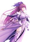  bangs bk201 boots dress fate/grand_order fate_(series) fur-trimmed_dress fur_trim hair_between_eyes headpiece highres holding holding_wand light_blush light_smile purple_dress purple_hair purple_ribbon red_eyes ribbon scathach_(fate)_(all) scathach_skadi_(fate/grand_order) simple_background thigh_boots thighhighs tiara wand white_background 