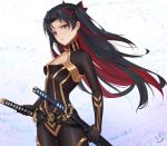  1girl bangs belt black_belt black_bodysuit black_hair bodysuit breasts cleavage_cutout earrings fate/grand_order fate_(series) grey_eyes highres hoop_earrings horns ishtar_(fate/grand_order) jewelry katana long_hair looking_at_viewer multicolored_hair parted_bangs red_hair revision sheath sheathed small_breasts smile_(dcvu7884) solo space_ishtar_(fate) sword two-tone_hair two_side_up weapon 
