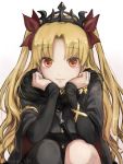  1girl asymmetrical_legwear blonde_hair buttons cape commentary dress earrings elbows_on_knees ereshkigal_(fate/grand_order) eyebrows_visible_through_hair fate/grand_order fate_(series) gold gold_trim hair_ribbon hands_on_own_cheeks hands_on_own_face highres jewelry long_sleeves looking_at_viewer noraillust red_eyes ribbon sitting skull smile twintails 