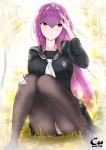  1girl arm_up breasts collarbone day fate/grand_order fate_(series) forest grass knees_together_feet_apart koappu large_breasts light_blush long_hair nature outdoors panties panties_under_pantyhose pantyhose pantyshot pantyshot_(sitting) pleated_skirt scathach_(fate)_(all) scathach_skadi_(fate/grand_order) school_uniform serafuku sitting skirt solo tiara tree underwear 