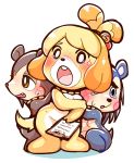  2019 accessory animal_crossing anthro blush bodily_fluids breasts canid canine canis clipboard covering covering_self domestic_dog embarrassed eulipotyphlan featureless_breasts female floppy_ears group hair_accessory hedgehog hi_res isabelle_(animal_crossing) mabel_able mammal neckwear nintendo nude open_mouth sable_able shih_tzu simple_background sweat sweatdrop toy_dog uyu video_games white_background 