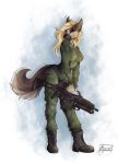  anthro blonde_hair breasts canid canine canis clothed clothing domestic_dog female fully_clothed g36 german german_shepherd glowing glowing_eyes gun hair herding_dog heterochromia hi_res kizrae looking_at_viewer mammal muscular natasha_klopov pastoral_dog piercing ranged_weapon rifle shepherd simple_background smile solo standing uniform weapon 