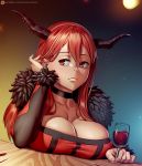  1girl black_choker breast_rest breasts choker cleavage commentary_request cup drinking_glass fur_trim hand_in_hair horns large_breasts long_hair looking_to_the_side maou_(maoyuu) maoyuu_maou_yuusha nikita_varb red_eyes red_hair red_wine sitting solo table wine_glass 