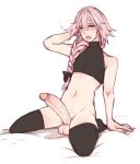  1boy astolfo_(fate) bishounen black_legwear blush braid crop_top erection fang fate/apocrypha fate_(series) gyarusatan hair_intakes hand_behind_head highres large_penis long_braid looking_at_viewer male_focus multicolored_hair navel on_bed open_mouth penis pink_hair purple_eyes signature simple_background single_braid sitting sketch skin_fang solo stomach streaked_hair testicles thighhighs wariza white_background 