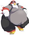  absurd_res anthro avian beak belly big_belly bird chubby_cheeks clothed clothing eyewear feathers goggles goggles_on_head hi_res male moobs obese obese_male overweight overweight_male red_body red_feathers simple_background solo talons thick_thighs white_background white_body white_feathers wide_hips zephy_full 