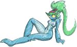  2017 3_toes 4_fingers accessory big_ponytail blue_body blue_scales blush breasts elbow_spikes female fingers green_hair hair hair_accessory hair_tie hairband helmeted_lizard knee_spikes leaning leaning_back liska_(scalie_schoolie) lizard multicolored_body multicolored_scales nipples nude plumed_basilisk ponytail purple_nipples red_hairband red_hairtie reptile scales scalie scalie_schoolie shoulder_spikes simple_background sitting solo spacechoochoo spikes toes two_tone_body two_tone_scales webcomic white_background yellow_sclera 