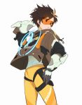  1girl arm_up bangs bodysuit bomber_jacket brown_eyes brown_hair character_name eyes_visible_through_hair gloves goggles highres jacket looking_to_the_side maro_(lij512) open_mouth orange_bodysuit overwatch short_hair simple_background solo spiked_hair standing strap thigh_strap tracer_(overwatch) upper_body white_background 