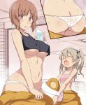  2girls :o ass bandages black_sports_bra boko_(girls_und_panzer) boko_(girls_und_panzer)_(cosplay) bottle bow bra breasts brown_eyes brown_hair close-up closed_eyes commentary_request cosplay costume covered_nipples eyebrows_visible_through_hair girls_und_panzer hair_bow hair_ribbon highres holding holding_bottle indoors inset large_breasts multiple_girls nakamura_yukitoshi navel nishizumi_miho open_mouth panties pink_bra ribbon shimada_arisu sigh small_breasts sweat twintails underboob underwear undressing water_bottle wet wet_clothes wet_panties white_panties 