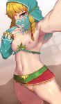  1girl aqua_eyes arm_up armpits bangs belt blonde_hair blush braid bridal_gauntlets cosplay eyebrows_visible_through_hair frills gerudo_link gerudo_link_(cosplay) hand_on_own_face linkle long_hair looking_at_viewer nail_polish navel nose_blush nt00 pink_nails pussy_peek see-through self_shot solo stomach sweat the_legend_of_zelda thighs twin_braids veil zelda_musou 