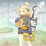  abigail_williams_(fate/grand_order) backpack bag bow bowtie briefcase cloud death_stranding fate/grand_order fate_(series) forest gummy_madacuel hair_bun high_collar highres holding long_sleeves mountain nature nitocris_(fate/grand_order) odradek outdoors parody river rock skirt sky sleeves_past_fingers sleeves_past_wrists strap stuffed_animal stuffed_toy teddy_bear tube 