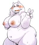  absurd_res anthro areola belly big_belly big_breasts black_pubes blush bodily_fluids bovid breasts brown_eyes butt caprine claws cute_fangs female fur gesture goat hand_on_face hi_res horn looking_at_viewer mammal nipples nude open_mouth overweight overweight_female pubes solo sweat thick_thighs toriel undertale urachiro_tiu v_sign video_games white_body white_fur wide_hips 