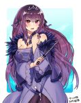  1girl bangs blush breasts cleavage dress eyebrows_visible_through_hair fate/grand_order fate_(series) feather_trim fur-trimmed_dress fur_trim hair_between_eyes headpiece highres holding holding_wand large_breasts long_hair natsushiro open_mouth purple_dress purple_hair purple_ribbon red_eyes ribbon scathach_(fate)_(all) scathach_skadi_(fate/grand_order) simple_background solo tiara wand 