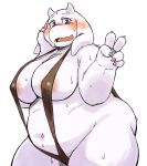  absurd_res anthro areola areola_slip belly big_belly big_breasts bikini black_pubes blush bodily_fluids bovid breasts brown_eyes butt caprine claws clothed clothing cute_fangs female fur gesture goat hand_on_face hi_res horn looking_at_viewer mammal nipple_outline open_mouth overweight overweight_female partially_clothed pubes skimpy sling_bikini solo sweat swimwear thick_thighs toriel undertale urachiro_tiu v_sign video_games white_body white_fur wide_hips 