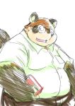 anthro belly black_body black_fur book brown_body brown_fur canid canine chiro_(artist) clothed clothing eyewear fur glasses holding_book holding_object male mammal moobs open_mouth open_smile overweight overweight_male raccoon_dog smile solo tan_body tan_fur tanuki 