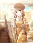  1girl arms_up autumn autumn_leaves beret blue_sky brown_eyes brown_hair brown_headwear canvas_(object) chair commentary_request curtains day dress easel hair_ribbon hat head_tilt high_collar highres holding_brush hoshiibara_mato indoors lace-trimmed_sleeves lace_collar lamp light_particles long_sleeves looking_at_viewer low_twintails mirror original paintbrush palette picture_frame plaid_shawl ribbon shawl short_hair sky smile solo twintails window yellow_dress 