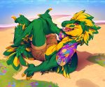  2019 4_toes 5_fingers anthro beach clothed clothing day detailed_background digital_media_(artwork) fingers kyander lizard male open_mouth outside red_eyes reptile sand scalie seaside shoreline sitting smile solo teeth toes tongue water 