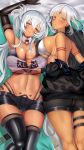  2girls alabama_(azur_lane) azur_lane bangs bare_shoulders bikini_top black_gloves black_jacket blush bodypaint breasts choker cleavage collarbone dark_skin detached_collar elbow_gloves eyebrows_visible_through_hair facepaint gloves highleg highres jacket large_breasts long_hair long_sleeves looking_at_viewer massachusetts_(azur_lane) multiple_girls native_american navel open_clothes piukute062 red_eyes shorts silver_hair swimsuit thigh_strap thighhighs thong twintails 