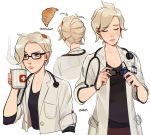  artist_name blonde_hair blue_eyes cleaning_glasses closed_eyes cloth coffee_mug collarbone croissant cup doctor eyebrows_visible_through_hair food glasses labcoat lavelis mercy_(overwatch) mug overwatch parted_lips raised_eyebrow shirt_under_coat simple_background sleeves_rolled_up steam stethoscope swiss_flag white_background 