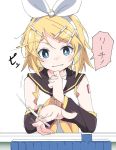  1girl black_sailor_collar blonde_hair blue_eyes blush hair_ornament hairband hairclip ixy kagamine_rin looking_at_viewer mahjong mahjong_table mahjong_tile riichi_stick sailor_collar short_hair simple_background solo translated upper_body vocaloid white_background white_hairband 