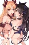  2girls ass bangs between_breasts bikini breasts bubble_tea bubble_tea_challenge cup disposable_cup drink drinking drinking_straw drinking_straw_in_mouth ereshkigal_(fate/grand_order) eyebrows_visible_through_hair fate/grand_order fate_(series) highres ishtar_(fate/grand_order) long_hair looking_at_viewer multiple_girls object_on_breast red_eyes swimsuit to_gemichi 