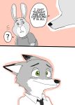  ? canid canine clothed clothing comic dialogue disney edit english_text fox green_eyes hard_translated hi_res lagomorph leporid looking_at_another mammal meno nick_wilde rabbit red_fox shirt stu_hopps t-shirt text topwear translated zootopia 