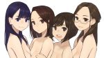  4girls :d aikawa_ren bangs blue_eyes blue_hair blush breast_press breasts brown_eyes brown_hair earrings forehead glasses hair_behind_ear highres jewelry large_breasts long_hair looking_at_viewer medium_breasts miru_tights moegi_homi mole mole_under_eye multiple_girls nakabeni_yua nude okuzumi_yuiko open_mouth semi-rimless_eyewear short_hair simple_background small_breasts smile symmetrical_docking upper_body upper_teeth white_background yomu_(sgt_epper) 